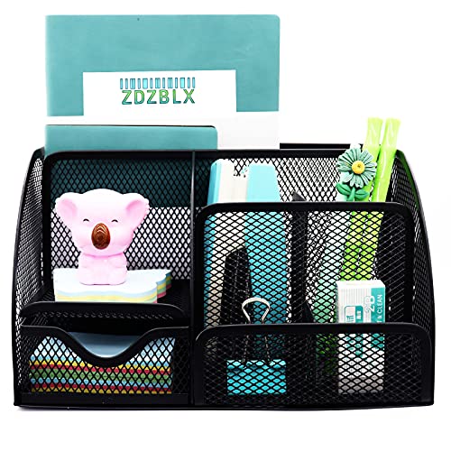 ZDZBLX Desk Organiser, Mesh Desk Tidy Multifunctional Pen Holder, Pen Pot Desktop Organiser, Upgraded Office Stationary Organiser Desk Accessories Storage with Drawer for School, Home, Office(Black)