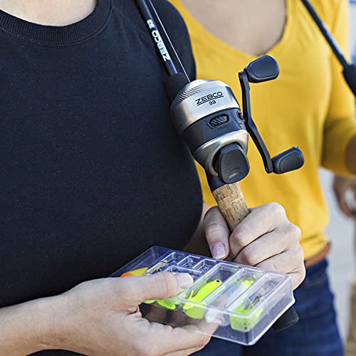 Zebco 33 Spincast Reel and Fishing Rod Combo, 5-Foot 6-Inch 2-Piece Fiberglass Rod, Quickset Anti-Reverse Fishing Reel with Bite Alert, Includes 29-Piece Tackle Kit, Silver/Black