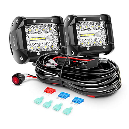 Nilight ZH302 18W Bar 2PCS 60W 4 Inch Flood Spot Combo LED Light Pods Triple Row Work Driving Lamp with 12 ft Wiring Harness kit-2 Leads