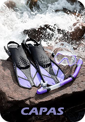 CAPAS Snorkel Mask Fins Set, Travel Size Snorkeling Gear for Adults with Short Adjustable Swim Fins, High Resistant Scuba Diving Mask and Dry Top Snorkel, Come with a Carrying Bag