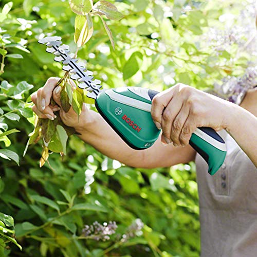 Bosch 3.6V Cordless Compact Hedge Shrub Shear Garden Kit, Anti Blocking System, Includes Shrub Blade & Soft Case, Integrated Battery, Runtime: 50 min (ISIO 3)