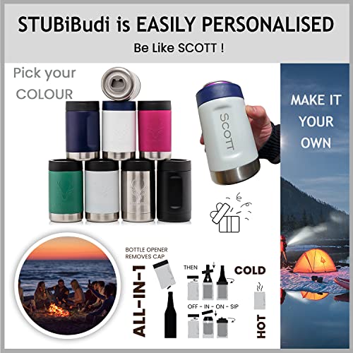 STUBiBudi Stubby Holder, Beer Cooler, Bottle Opener, Premium 375ml Can Coolers 4 in 1 Stubby Cooler for Can Bottles & Tumbler - Beer Gifts for Men Stainless Steel Insulated Bottle Holder (Black)