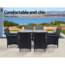 Gardeon Outdoor Dining Set 7pcs Rattan Wicker Lounge Setting Table and Chairs, Patio Conversation Sets Furniture Garden Aluminum, Weather-Resistant Cushions Storage Cover Black High Backrest