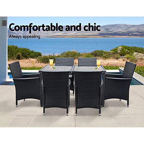Gardeon Outdoor Dining Set 7pcs Rattan Wicker Lounge Setting Table and Chairs, Patio Conversation Sets Furniture Garden Aluminum, Weather-Resistant Cushions Storage Cover Black High Backrest