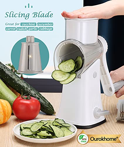Ourokhome Rotary Cheese Grater Shredder, Multifunction 5 in 1 Kitchen Manual Speed Round Mandolin Food Slicer Vegetable Shooter Potato Hashbrown Grinder for Nut, Carrot, Radish, Cucumber, White…