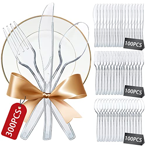 300 Pieces Plastic Cutlery, Plastic Spoons, Plastic Forks, Party Cutlery, Reusable, 100 Knives, Forks and Spoons, Party Tableware Reusable & Robust Party Cutlery