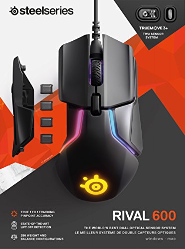 SteelSeries Rival 600 Wired 7-Button 96-128g Gaming Mouse - Prism 3-Zone RGB Illumination - 12,000 CPI - TrueMove3+ Dual Optical Sensor - 0.5 Lift-Off Distance