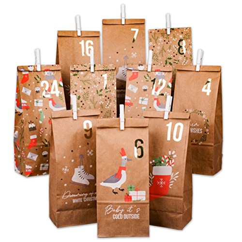 Papierdrachen Advent Calendar for Filling - 24 Brown Printed Gift Bags and 24 Number Stickers and Clips - Christmas Motif - for Crafts and Gifts - Christmas