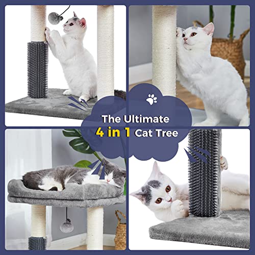 MeowSir Cat Tree 4 in 1 Cat Scratching Post Featuring with Cat Self Groomer Wide Large Top Perch Natural Scratching Post and Danging Ball for Indoor Cats-Grey