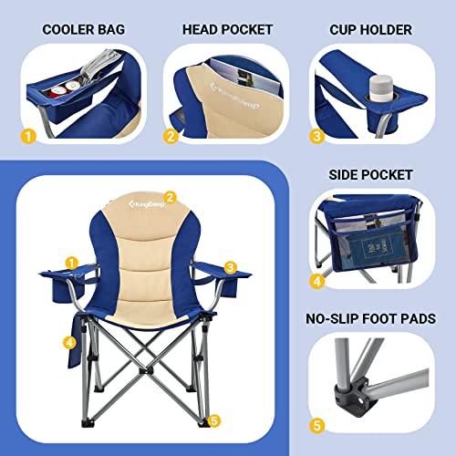 KingCamp 2 Pcs Adjustable Lumbar Support Camping Chairs with Cooler Bag, Folding Camping Chair for Adults with Adjust Armrest, Camp Chair Cup Holder Side and Head Pocket for Picnic Fishing,Max 353lbs