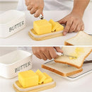 Butter Dish, Porcelain Butter Dish with Knife & Wooden Lid, Covered Butter Dish Easy Clean Airtight Butter Dishes for 2 Sticks of Butter West or East Coast Butter