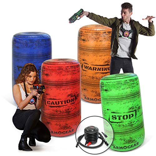 ArmoGear Inflatable Battle Barrels | Team Colored Inflatable Battle Zones | Red, Blue, Green, & Orange | Pump Included | Compatible with Nerf, Laser X, Water Blasters, Paintball Etc.!