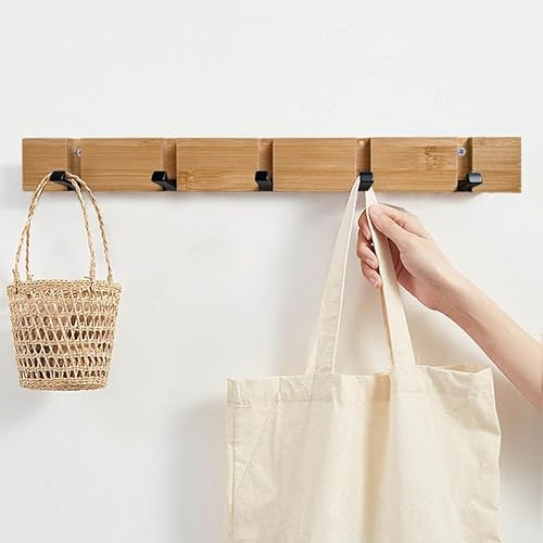 Coat Rack Wall Mounted Entryway Hanging Heavy Duty Wooden Clothes Hook Rack with 5 Folding Stout Hooks Space Saving Retractable Wall Hanger with Smooth Surfaces