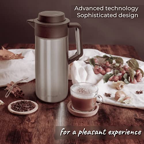 Pykal Thermal Coffee Carafe - with ThermaClick Lid, 68 oz Capacity, Lab Tested 24 Hour 150F Heat Retention, Surgical Rust Resistant Stainless Steel, Long Handle Brush Included Inside