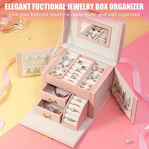 Jewelry Organizer Box Large-capacity Storage 3 Layer with Mirror and Lockable for Her Earrings Rings Bracelet Necklaces Girl and Woman Anniversary Mother's Day Valentines Gifts, TOJUNE (Pink)