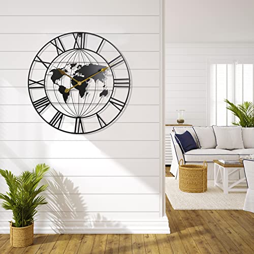 Large World Map Wall Clock, Metal Minimalist Modern Clock, Round Silent Non-Ticking Battery Operated Wall Clocks for Living Room/Home/Kitchen/Bedroom/Office/School Decor (24 Inch)