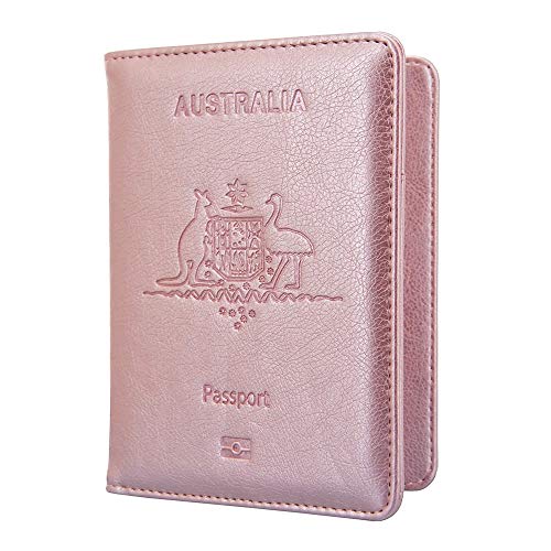 Passport Holder Travel Bag Cover Case, T Tersely Leather RFID Blocking Travelling Wallet Holder ID Credit Business Cards Cover Case for Boarding Passes (Rose Gold)