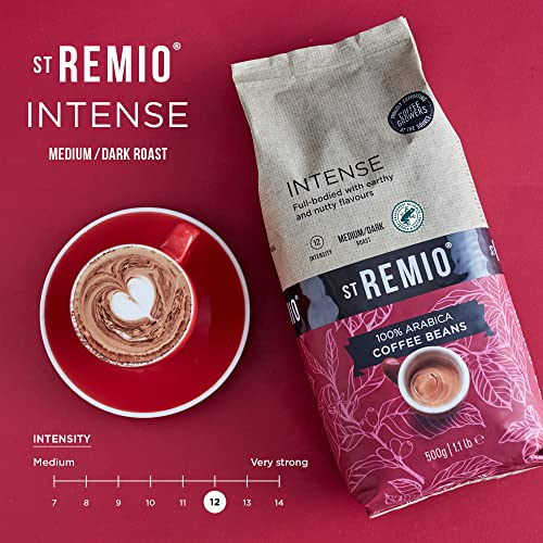 St Remio Intense Coffee Beans 500g. Medium Dark Roasted Bean. Arabica Strong Coffee Beans for Long Black, Latte, Cappuccino, Espresso Coffee Machines. Rainforest Alliance Certified Roasted Coffee