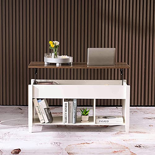 VINGLI White Coffee Table with Lift Top, Lift Up Coffee Table with Storage Shelf/Hidden Compartment, Gas Lift Coffee Table Mesa De Centro para Sala Pop Up Coffee Table