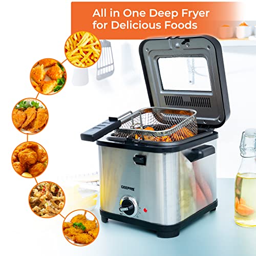 Geepas Deep Fat Fryer, 900W | 1.5L Stainless Steel Fryer with Viewing Window | Easy Clean, Non-Stick Oil Tank | Adjustable Temperature Control with Overheating Protection , Silver