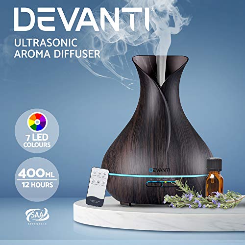 Devanti Aroma Diffuser, 400ml Air Humidifier Purifier Essential Oils Car Freshener Vaporizer Aromatherapy Diffusers Scent Booster Home Office Bedroom Humidifiers Steam, 7 Led Light Dark Wood