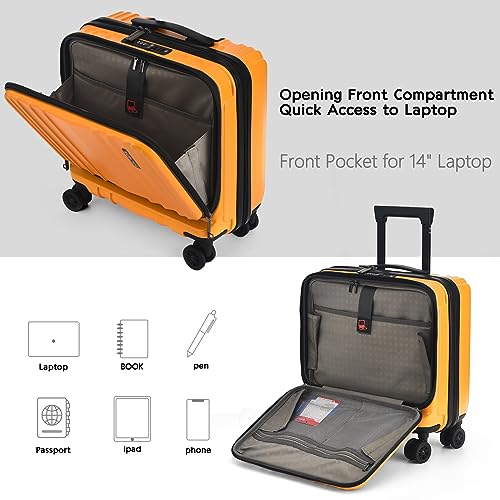 TydeCkare 16" Carry on Luggage with 2 Laptop Compartments, Lightweight Hardshell ABS+PC Suitcase with Dual Control TSA Lock, YKK Zipper, 4 Spinner Silent Wheels, for Business Travel, Orange