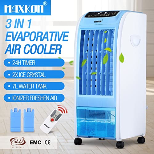 Maxkon 3in1 Evaporative Air Cooler, 7L Water Tank Quiet Fan, Purifier Humidifier Portable Cooling Fan,3 Modes W/Remote Control Blue