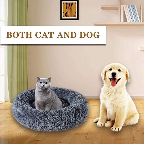 Pets Calming Cat Bed Dog Beds, Proxima Direct Ultra Soft Cat Cushion Bed Round Nest Fluffy Plush Bed Donut Cuddler Dog Bed with Non-Slip Bottom Suitable for Cats or Small Medium Dogs Puppy (60CM, Dark Grey)