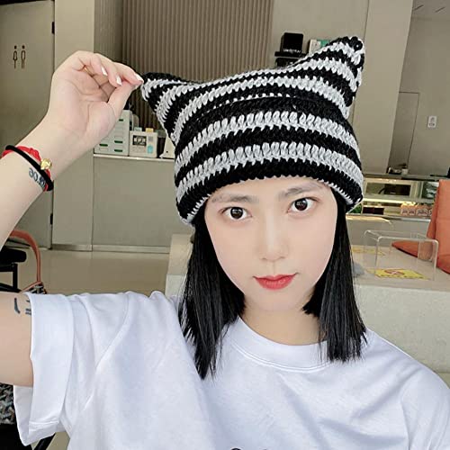 Women Striped Beanie Cute Cat Ear Little Devil Hat Winter Warm Soft Knitted Slouchy Beanie Hat Crochet Ski Cap