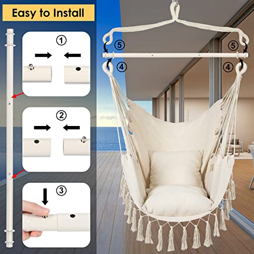 Y-STOP Hammock Chair Hanging Rope Swing, Max 330 Lbs, 2 Cushions Included, Large Macrame Hanging Chair with Pocket, Quality Cotton Weave for Superior Comfort, Durability, Beige