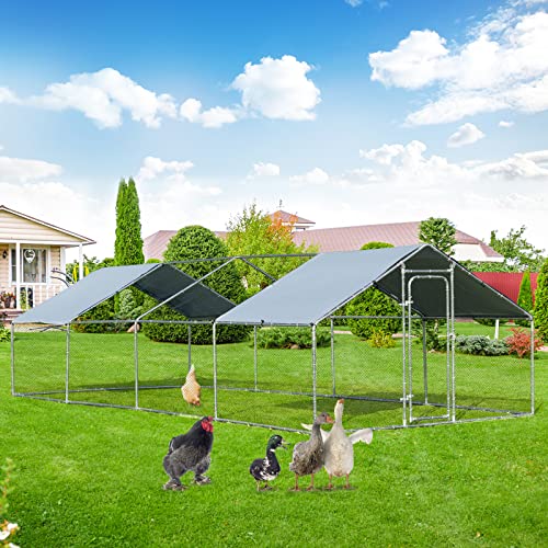 Costway Large Outdoor Metal Chicken Coop, Walk-in Hen Run House with Water-Proof Cover, Lockable Door, Large Space, PVC Wire Enclosure, Poultry Cage Habitat for Ducks, Rabbits in Backyard, Farm Use