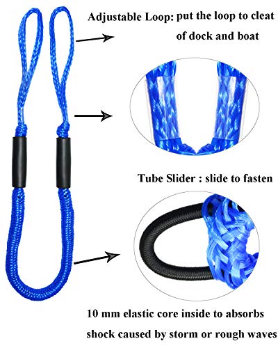 2pcs Bungee Boat Dock Lines 4Feet Blue Dockline Mooring Rope Boat Accessories Docking Lines PWC Shock Cords for Boats Kayak, Jet Ski, Pontoon, Canoe, Power Boat Wave Runner, SeaDoo, Watercraft