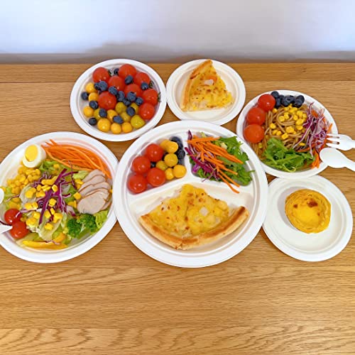 EcoHousing [10-Inch 50-Pcs] 3-Compartment Disposable Plates, Strong, Biodegradable, Microwave Safe, Recyclable, Made of Sugarcane Fibers, Perfect for Party or Picnic