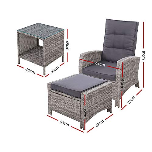 Gardeon Recliner Chairs 5 Piece Wicker Sun Lounger Reclining, Outdoor Lounge Setting Patio Furniture Bistro Set Garden, with Coffee Table Cushions Ottoman Adjustable Backrest Glass Tabletop Grey