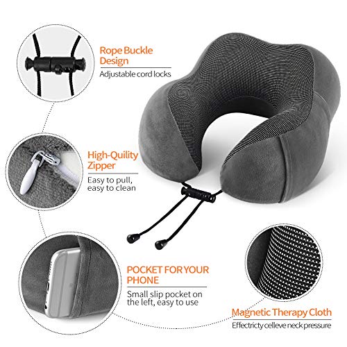 Emgthe Travel Pillow 100% Memory Foam Pillow, Neck Pillow for Airplane, Neck & Head Support Pillow for Sleeping Rest & Car, Travel Pillows Kit with Storage Bag, Sleep Mask and Earplugs Dark Grey