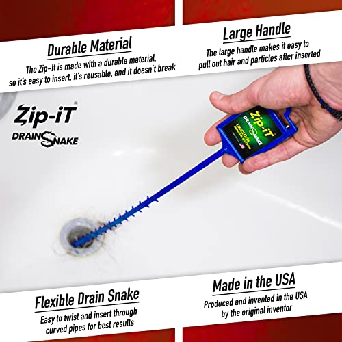 Zip-It Hair Clog Removal 25-inch Overall Length Drain Snake Cleaner (3-Pack) – Red White & Blue Edition – Unclog Your Sink, Shower, & Tub In Seconds – Non-toxic, Made in the USA