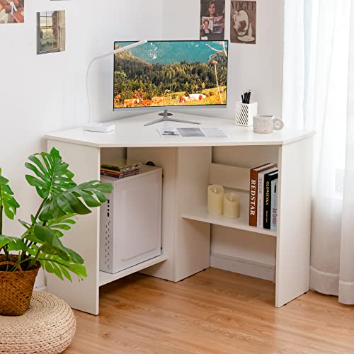 Compact Corner Desk, Corner Study Working Table, Space-Saving, w/ Bookshelves & Cable Hole & Host Storage Shelf, Triangle Computer Desk Writing Workstation, Ideal for Limited Space, Home, Office, Living Room, Bedroom, Black/White (White)