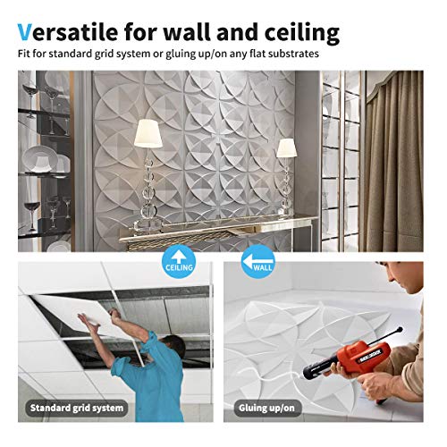 Art3d PVC Drop Ceiling Tiles, Easy Glue-up Panels for Ceiling, Wall Decoration, 60x60 CM, 12 Pcs, White Floral