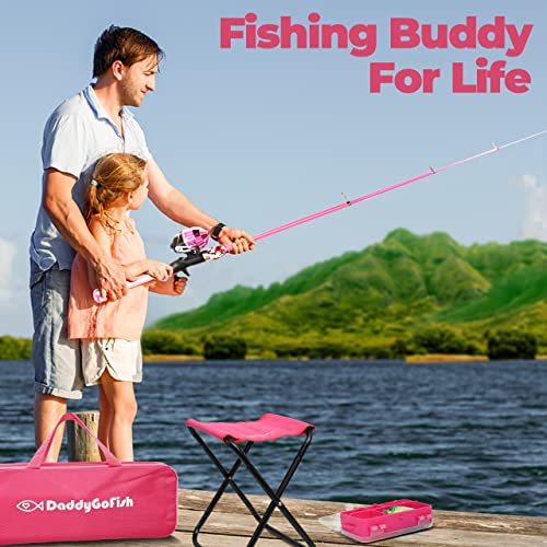 DaddyGoFish Kids Fishing Pole - Rod Reel Combo Tackle Box Starter Set - First Year Small Dock Gear Kit for Boys Girls Toddler Youth Age Beginner Little Children Junior Anglers (Pink, 4ft)