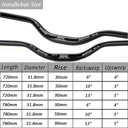 BUCKLOS Mountain Bike Handlebar φ31.8mm Aluminum Alloy 30/50/90mm Rise MTB Handlebar, 720/780mm Extra Long Black Red Bicycle Handlebar for Most Bicycle BMX Downhill Racing