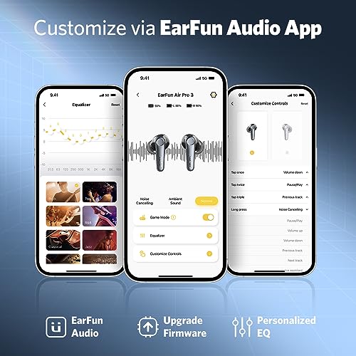 EarFun Air Pro 3 Noise Cancelling Wireless Earbuds, Qualcomm® aptX™ Adaptive Sound, 6 Mics CVC 8.0 ENC, Bluetooth 5.3 TWS Earbuds Wireless, Multipoint Connection, 45H Playtime, App Customize EQ, Black