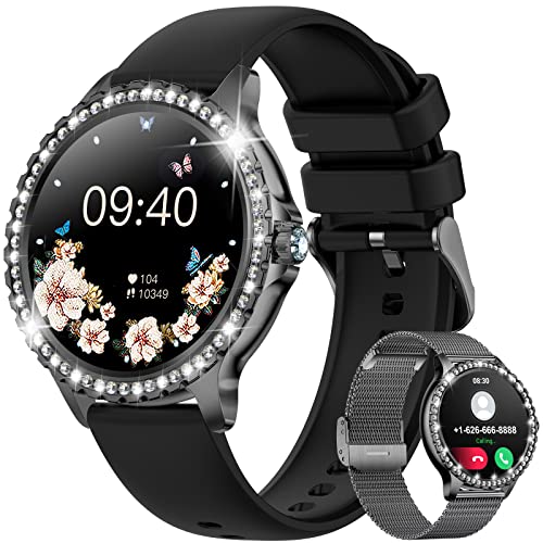 Smart Watch for Women with Make/Answer Call IP67 Waterproof Fitness Activity Tracker 1.32" HD Touchscreen Compatible iOS Android Fashion Smartwatches Black Diamond Stainless Steel Watch