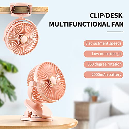 SmartDevil Clip on Fan, 360° Rotation Portable Small Desk Fan, 3 Speed Personal Rechargeable Battery Operated Table Fan with Clip, Mini Clip Fan for Stroller, Camping, Office, Desk(Pink)