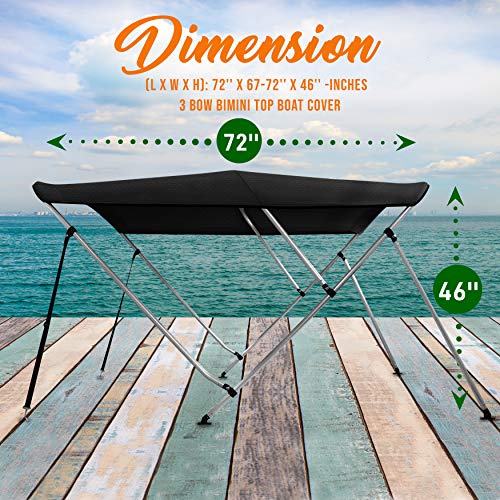 SereneLife Waterproof Boat Bimini Top Cover - 67-72" W 3 Bow Bimini Top Sun Shade Boat Canopy - 1" Double Wall Aluminum Frame Tubes, 2 Front Straps, 2 Rear Support Poles, Storage Boot SLBTW72G, Gray