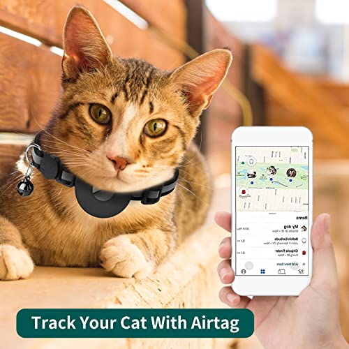 1 Pack Airtag Cat Collar, Reflective Airtag Cat Collar with Bell and Silicone Waterproof Airtag Holder Case Compatible with Apple Airtag, Breakaway Safety Buckle Collar for Cat Kitten Puppy (Black)