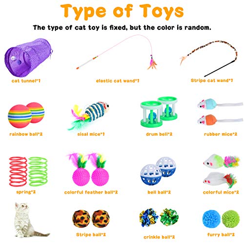 Qoosea 24PCS Cat Toys Set Interactive Kitten Toys for Indoor Cats Catnip Toy Kitten Feather Wand Cat Tunnel, Cat Springs, Mice and Bells Toys, Cat Wand Toy for Cat Kitten