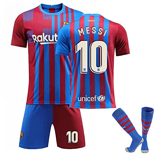 2020/2021 Kids Soccer Jersey Barcelona Home Messi 10 Kit Shirt Shorts Socks (Blue/Red, 24 (8-9 Years))