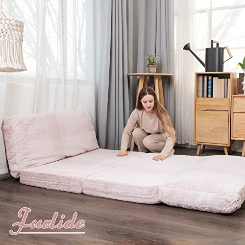 Furlide Foldable Bean Bag Bed, Folding Sofa Bed with Blanket, Foam Filling Wall Sofa Bed, Faux Fur Sleeper Sofa Couch Bed for Bedroom/Living Room/Balcony (Pink)