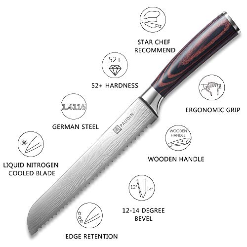 PAUDIN Bread Knife, 8 Inch Bread Slicing Knife, German High Carbon Stainless Steel Serrated Edge Knife with Ergonomic Handle, for Homemade, Crusty Bread