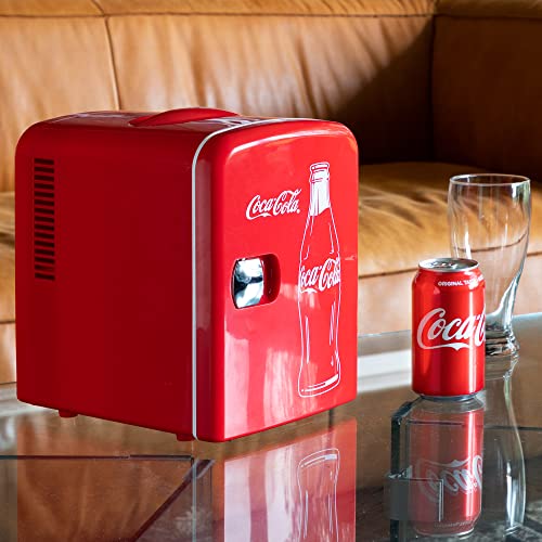 Coca-Cola Classic Portable 6 Can Thermoelectric Mini Fridge Cooler/Warmer, 4 L/4.2 qt, Red, for Home, Dorm, car, Boat, Beverages, Snacks, Skincare, Cosmetics, Medication